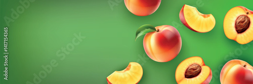 Natural fresh ripe peaches, pieces and whole falling on green background. 3D food illustration.