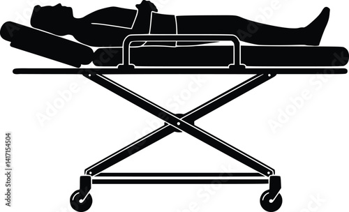 Silhouette of a person on a hospital gurney with minimalist black and white design in a medical setting
