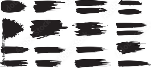Grunge brushes with black paint strokes and ink textures. Isolated brushstroke borders in vector EPS format.