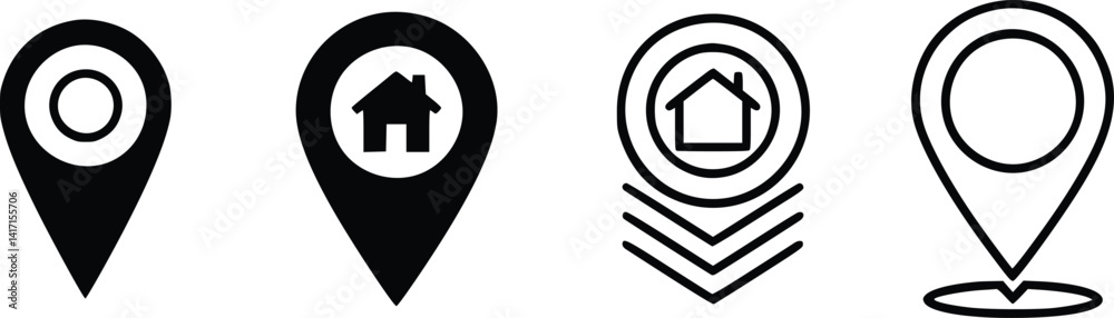 Black and white vector icons of location markers, including a pin, house symbol, and directional chevrons, designed for navigation and mapping Black and white vector icons of location markers, including a pin, house symbol, and directional chevrons, designed for navigation and mapping
