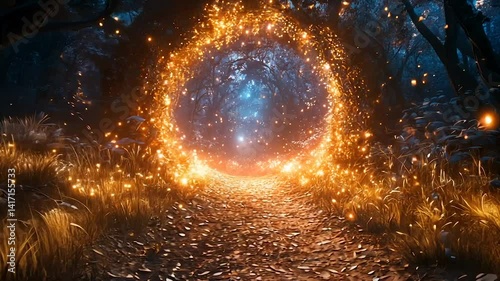 Enchanting night forest path with glowing portal