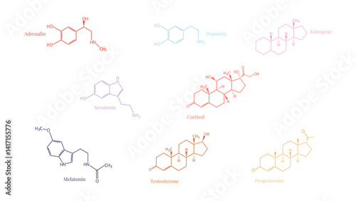 Set of 8 common hormone molecules structures including Adrenaline, Dopamine, Serotonin, Melatonin, Cortisol, Testosterone, Estrogen, and Progesterone, human biology, hormone balance, mental health