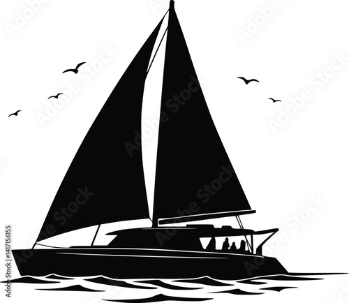 Black and white silhouette of a sailboat with two sails gliding across wavy waters, birds soaring overhead in minimalist nautical composition