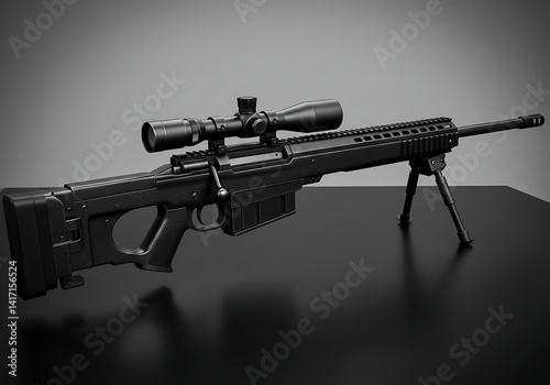 Black sniper rifle with scope and bipod tactical weapon firearm military equipment gun precision shooting long range