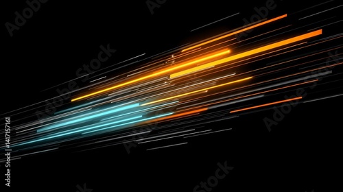 Abstract vibrant lines streak across a dark background, cool hues contrast warmth