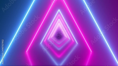 Futuristic video footage of a glowing neon triangle tunnel with vibrant blue and pink lights. A looping animation perfect for sci-fi, synthwave, music visuals, or abstract motion backgrounds.