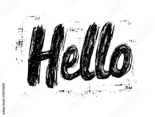 Monochrome illustration featuring the word "Hello" in a casual, handwritten style with a distressed or grunge texture. Represents a greeting, welcome, and a rough, informal aesthetic.