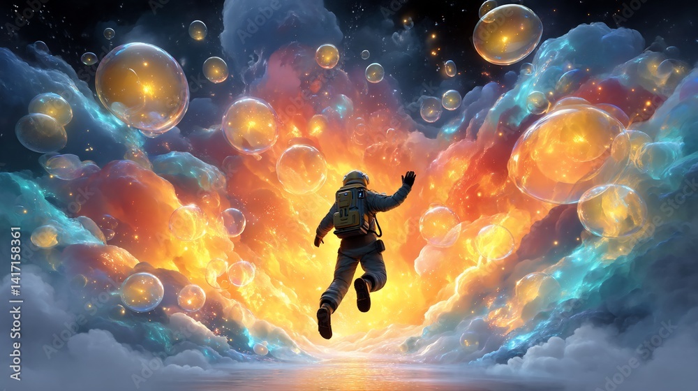 Obraz premium Astronaut floating amid clouds and bubbles, surreal vibrant cosmic space