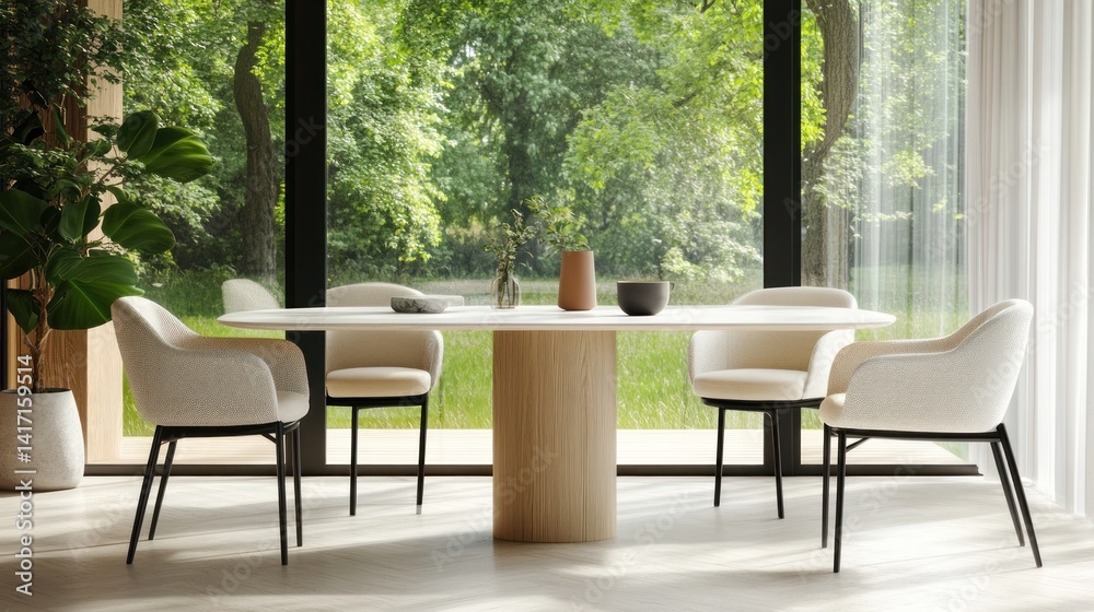 Modern dining room with white chairs, oval table, and large window overlooking a lush green landscape. Modern dining room with white chairs, oval table, and large window overlooking a lush green landscape.