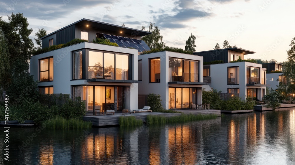 Fototapeta premium Modern Houses by Water at Dusk
