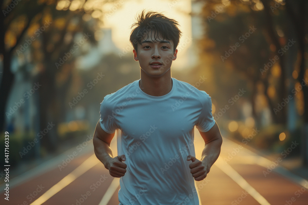 Fototapeta premium Young man jogging on park trail during golden hour for fitness and wellness