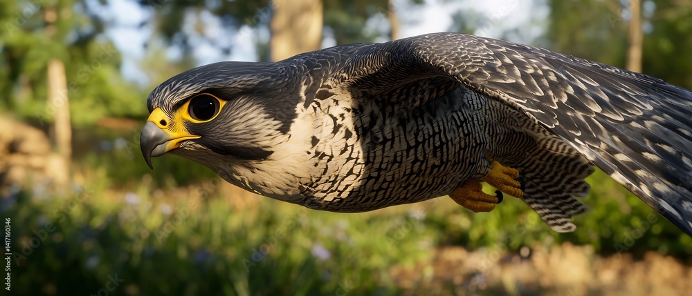 Fototapeta premium Majestic falcon in flight showcasing intricate feather patterns and piercing gaze