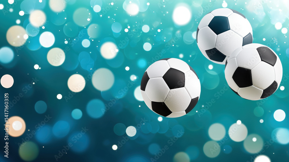 Fototapeta premium Soccer balls float against vibrant, blurred background of teal and white bokeh lights, creating lively and energetic atmosphere perfect for sports enthusiasts