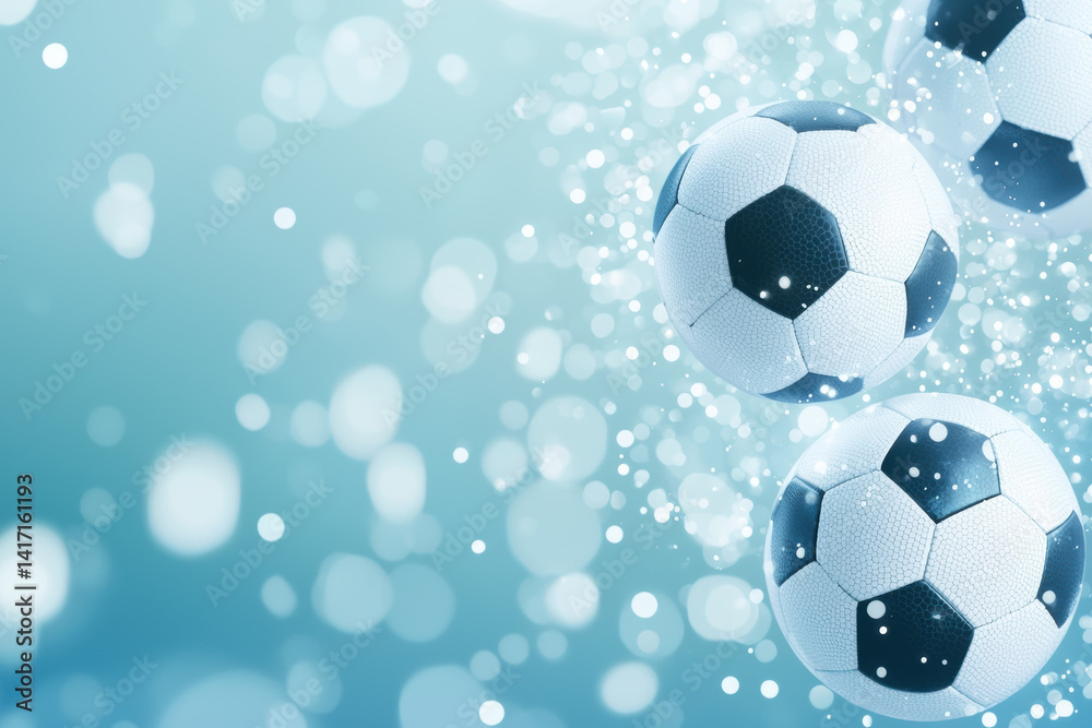 Obraz premium Soccer balls floating in dreamy, blurred background create whimsical atmosphere, perfect for sports enthusiasts and creative projects. soft bokeh effect enhances visual appeal
