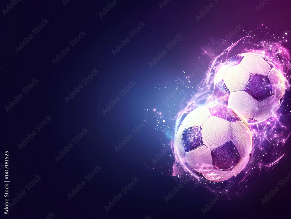 Naklejka premium Soccer balls with intricate glowing textures create vibrant and dynamic visual effect, showcasing energy and excitement in captivating design. Perfect for sports themes