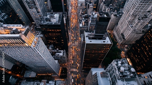 Aerial View of Busy City Streets With Skyscrapers and Vibrant Night Lights : Generative AI