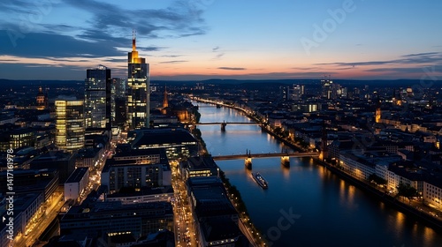Dramatic Evening Cityscape with River and Illuminated Buildings at Dusk : Generative AI