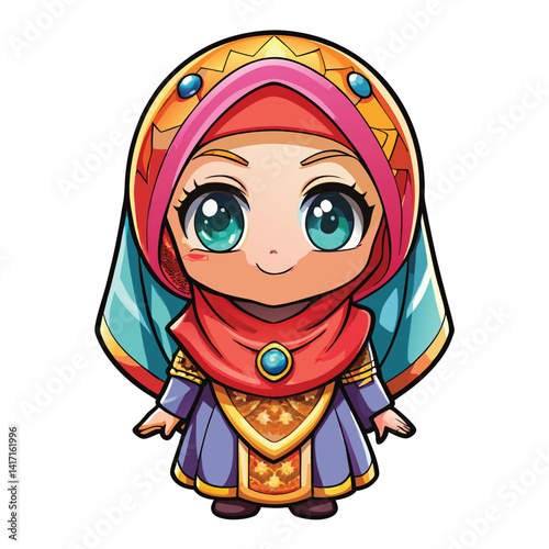 Cute cartoon girl in traditional islamic clothing