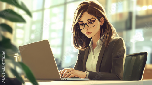 Portrait of a professional female manager, sitting at a desk in a modern office, typing on her laptop