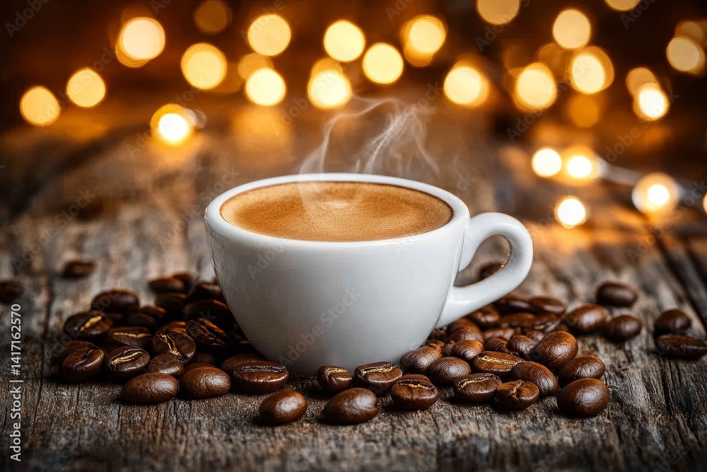 Fototapeta premium Steamy Espresso Coffee Cup with Beans on Rustic Wood Table, Warm Bokeh Lights Background