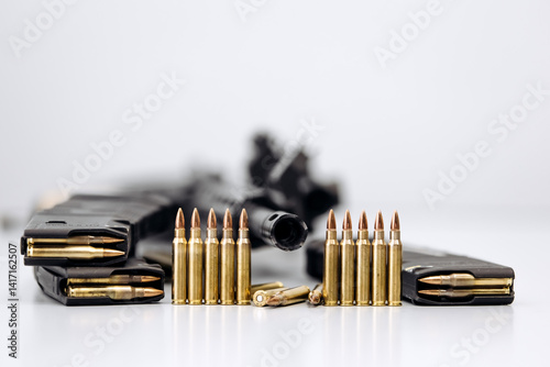 Close-up of 7.62 caliber ammunition for an assault rifle. The concept of selling weapons, help with ammunition.