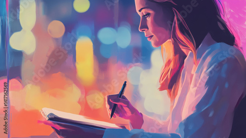Portrait of a seasoned female bank manager mentoring a client, using a notebook during a financial consultation