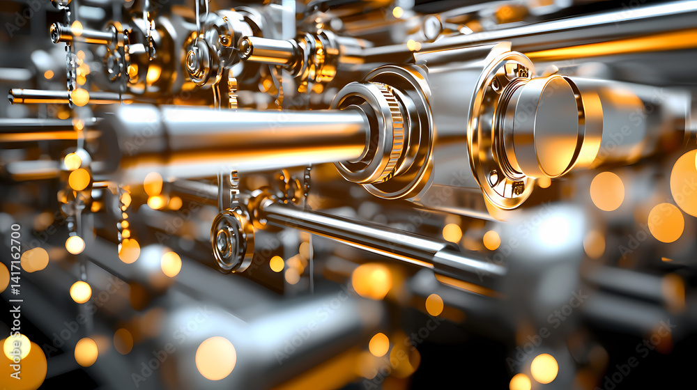 Fototapeta premium A close-up view of metallic pipes and gears with glowing lights, creating a futuristic and industrial aesthetic.