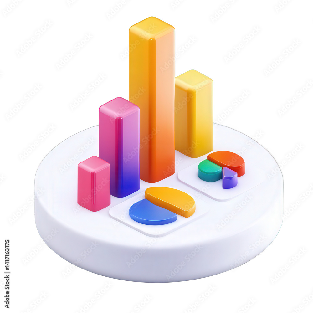 Colorful 3D bar and pie charts on a white platform representing data analysis and visualization, ideal for business presentations and reports , isolated on white or transparent png Colorful 3D bar and pie charts on a white platform representing data analysis and visualization, ideal for business presentations and reports , isolated on white or transparent png