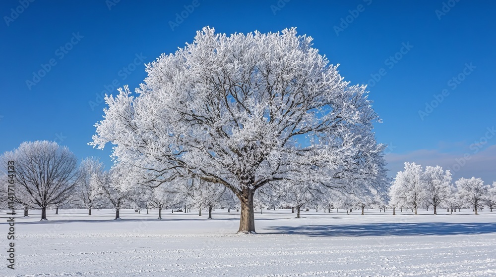 Fototapeta premium A winter landscape featuring snow covered trees under a clear blue sky in a serene outdoor setting