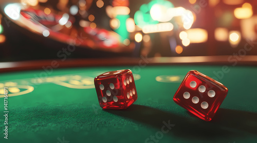 Dice Roll in Casino: The high-stakes world of casino gaming comes alive as two red dice reveal their numbers on a green felt surface.