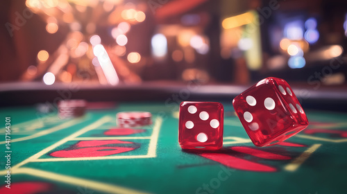 Red Dice Roll: Two red dice roll across the green felt gaming table, capturing the thrill and anticipation of a casino game.