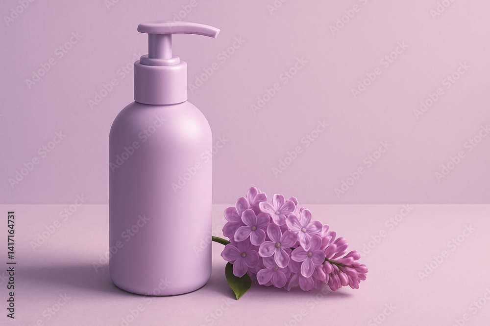 Cosmetic bottle made of quality plastic with a lilac-colored dispenser cap with a lilac flower next to it Cosmetic bottle made of quality plastic with a lilac-colored dispenser cap with a lilac flower next to it
