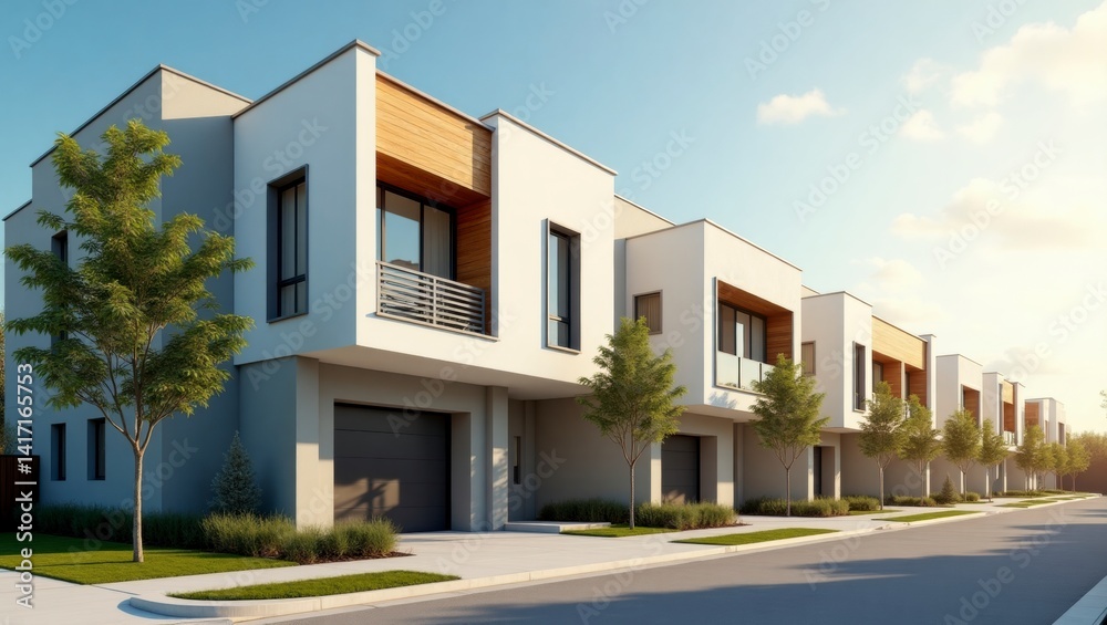 Charming row of traditional houses nestled together in a quaint neighborhood with lush greenery and flowers Charming row of traditional houses nestled together in a quaint neighborhood with lush greenery and flowers