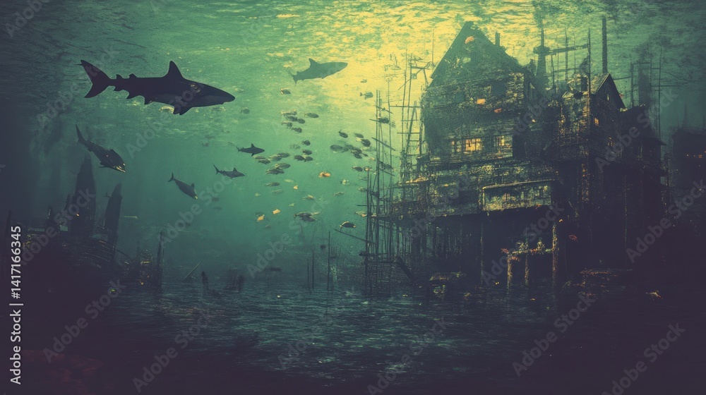 Fototapeta premium Sunken city, sharks, ocean, mystery, game background