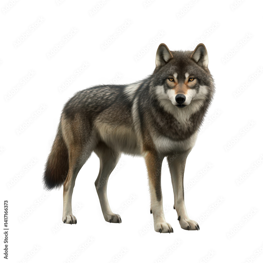 Fototapeta premium Realistic wolf standing proudly, showcasing its strong presence and striking features.