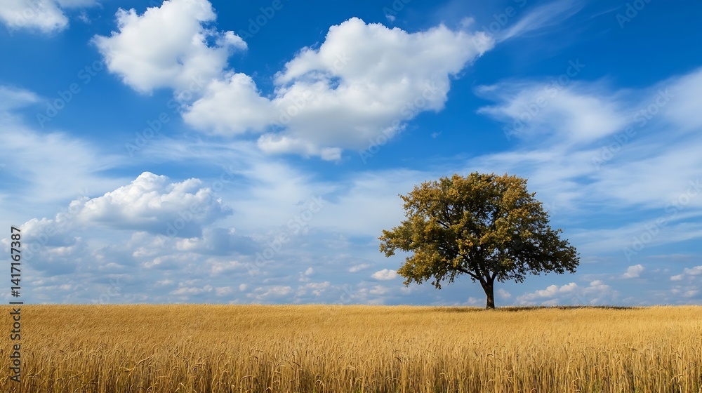 Fototapeta premium Stunning Tree on Wheat Field Under Beautiful Cloudy Sky : Generative AI