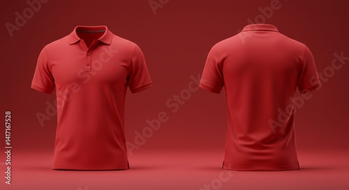 Red polo shirt mockup, front and back views