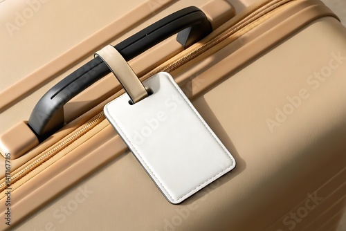 Close-up shot of a beige luggage with a luggage tag on it. The scene creates a sense of travel, preparation, and journey. Mockup for advertising 