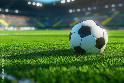 Soccer Ball Awaits Kickoff Under Stadium Lights, a 3D Render of Pre-game Anticipation.
