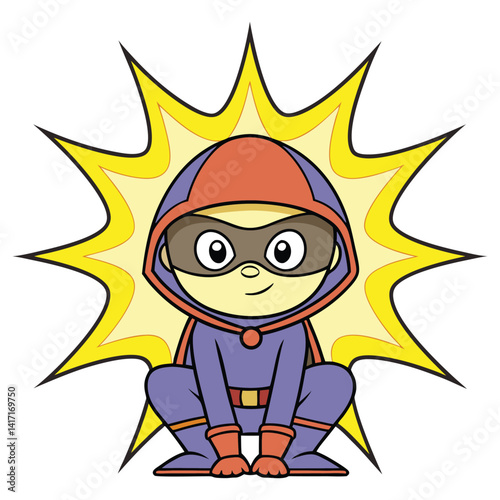 Superhero Cartoon Illustration, Smiling Character, Wearing Purple Outfit, Yellow Starburst