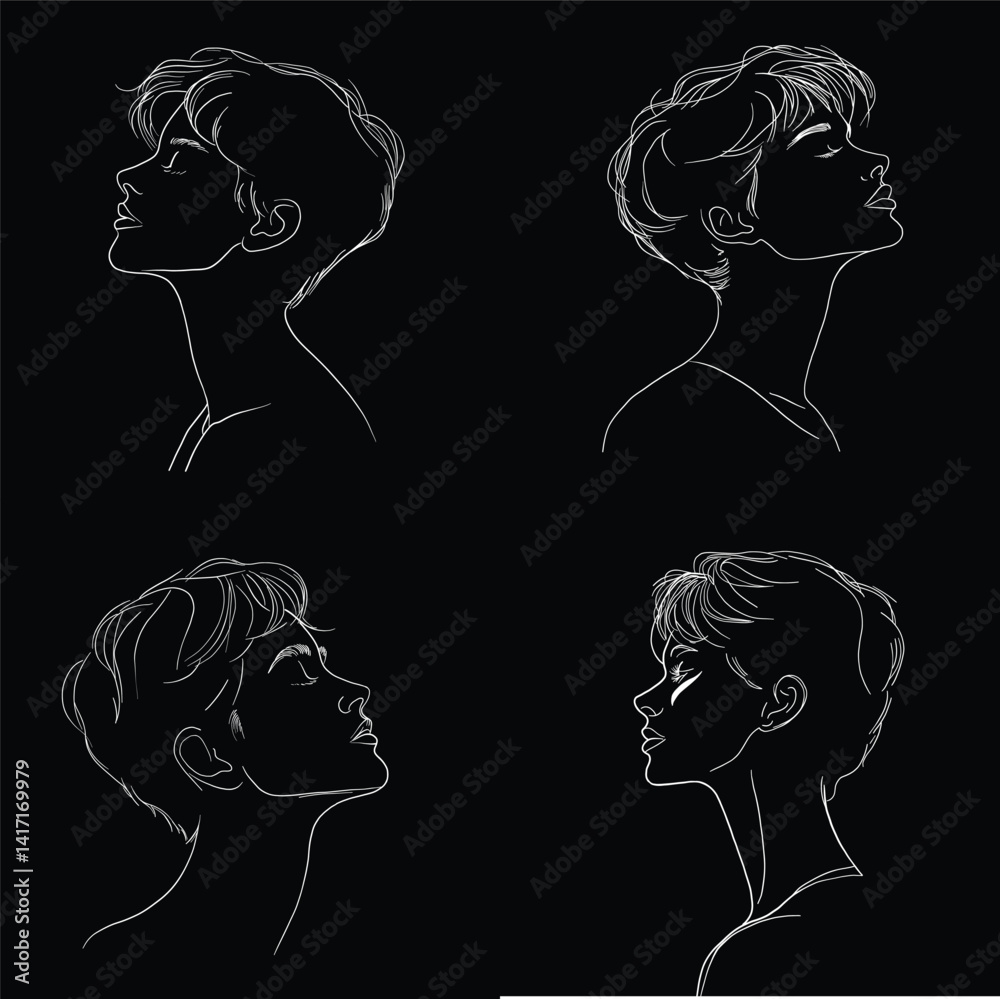 Minimalist Set of Woman Profile Line Drawings with Short Hair Minimalist Set of Woman Profile Line Drawings with Short Hair