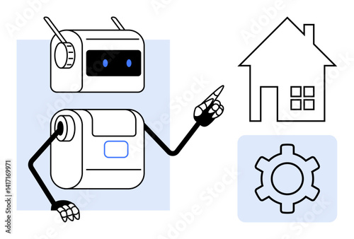 Humanoid robot gesturing at a house and gear symbol representing smart home, technology, AI automation. Ideal for artificial intelligence, smart home systems, robotics, home automation, innovation