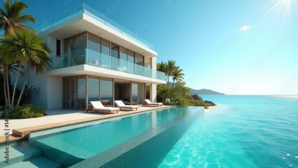 Obraz premium Elegant house on the water with breathtaking views of the surrounding landscape and clear blue skies above in a tranquil setting