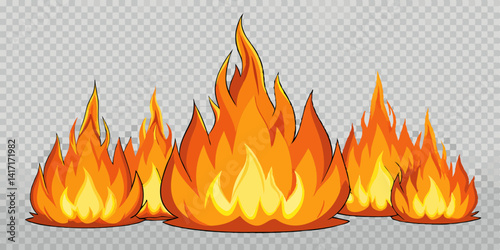  set of blazing fire flames and flying sparks on transparent background