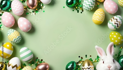 Wallpaper Mural Easter party. Top view photo of easter bunny ears white, pink, green, yellow eggs and confetti 2 Torontodigital.ca
