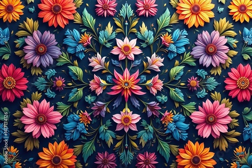 Repetitive floral design, vibrant colors and intricate details, retro, summer
