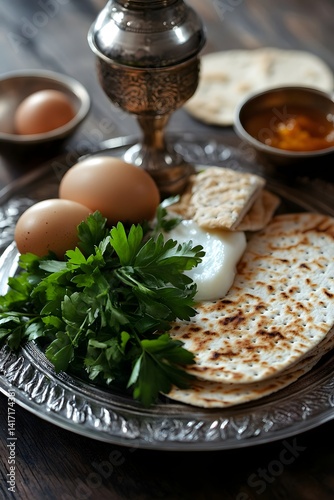 A still life image of the Passover Seder Plate, showcasing traditional food items and a cup, inviting viewers to partake in a meaningful culinary experience.