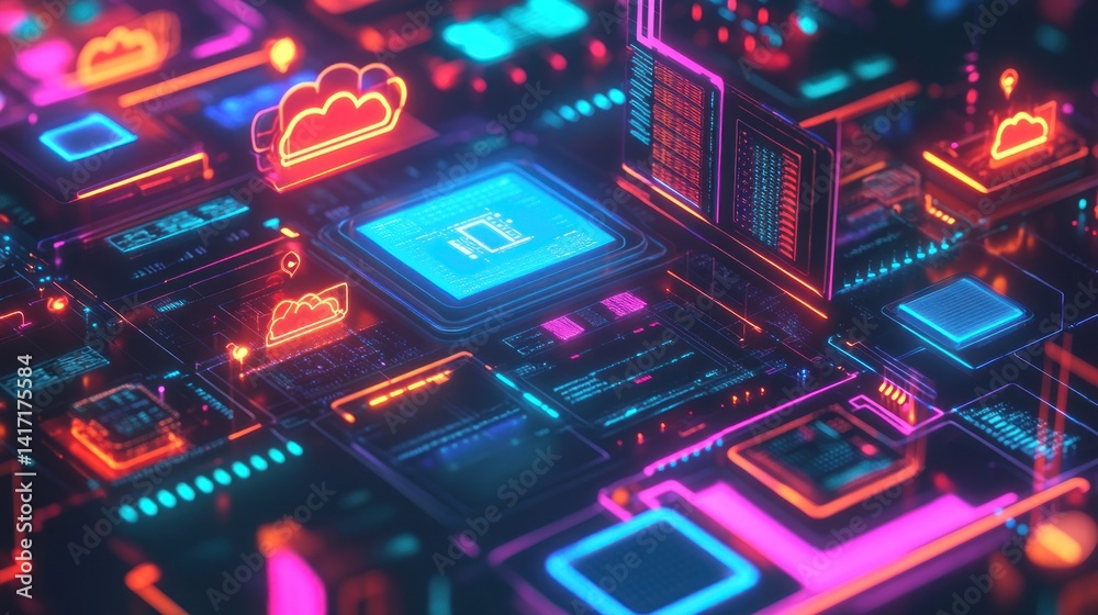 Abstract digital neon illustration of IoT network and cloud computing. Abstract digital neon illustration of IoT network and cloud computing.