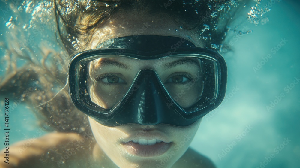 Naklejka premium Underwater close-up portrait of a young woman wearing a diving mask.
