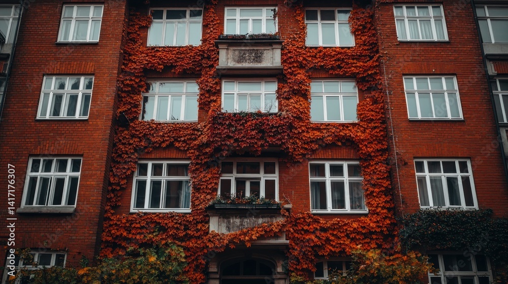 Fototapeta premium Autumnal Brick Building: Red Brick Facade Covered in Crimson Ivy